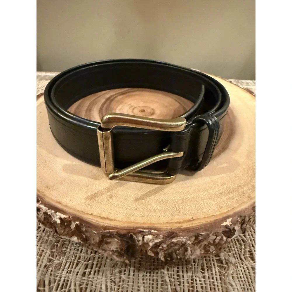 Vintage Polo Ralph Lauren Smooth leather Gold Logo Plate belt black Brass Sz-36